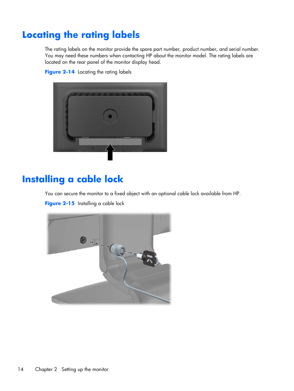Locating the rating labels, Installing a cable lock, Locating the rating labels installing a cable lock | HP Compaq L2206tm 21.5-inch LED Backlit Touch Monitor User Manual | Page 20 / 33