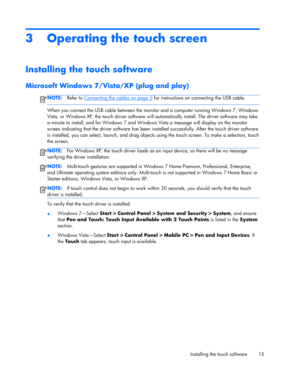Operating the touch screen, Installing the touch software, Microsoft windows 7/vista/xp (plug and play) | 3 operating the touch screen | HP Compaq L2206tm 21.5-inch LED Backlit Touch Monitor User Manual | Page 21 / 33