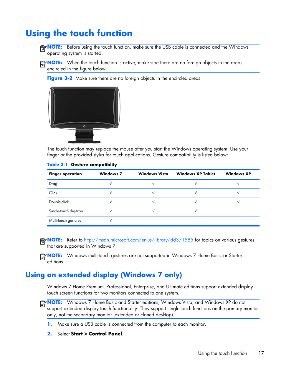 Using the touch function, Using an extended display (windows 7 only) | HP Compaq L2206tm 21.5-inch LED Backlit Touch Monitor User Manual | Page 23 / 33