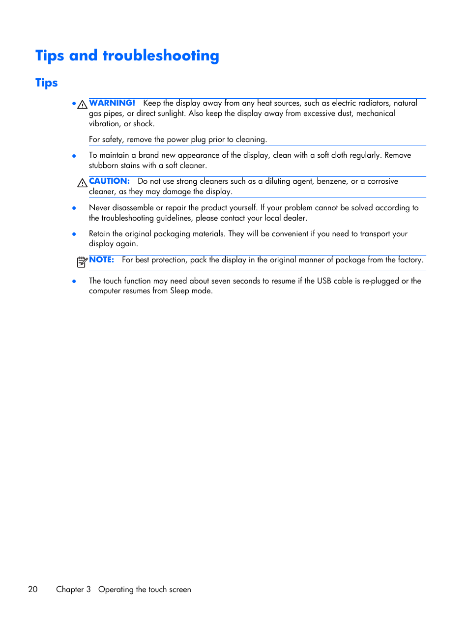 Tips and troubleshooting, Tips | HP Compaq L2206tm 21.5-inch LED Backlit Touch Monitor User Manual | Page 26 / 33