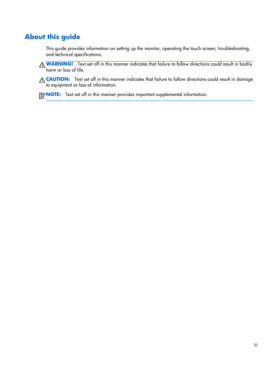 About this guide | HP Compaq L2206tm 21.5-inch LED Backlit Touch Monitor User Manual | Page 3 / 33