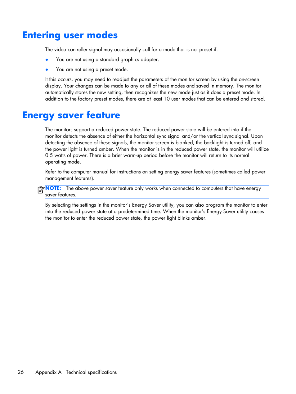 Entering user modes, Energy saver feature, Entering user modes energy saver feature | HP Compaq L2206tm 21.5-inch LED Backlit Touch Monitor User Manual | Page 32 / 33