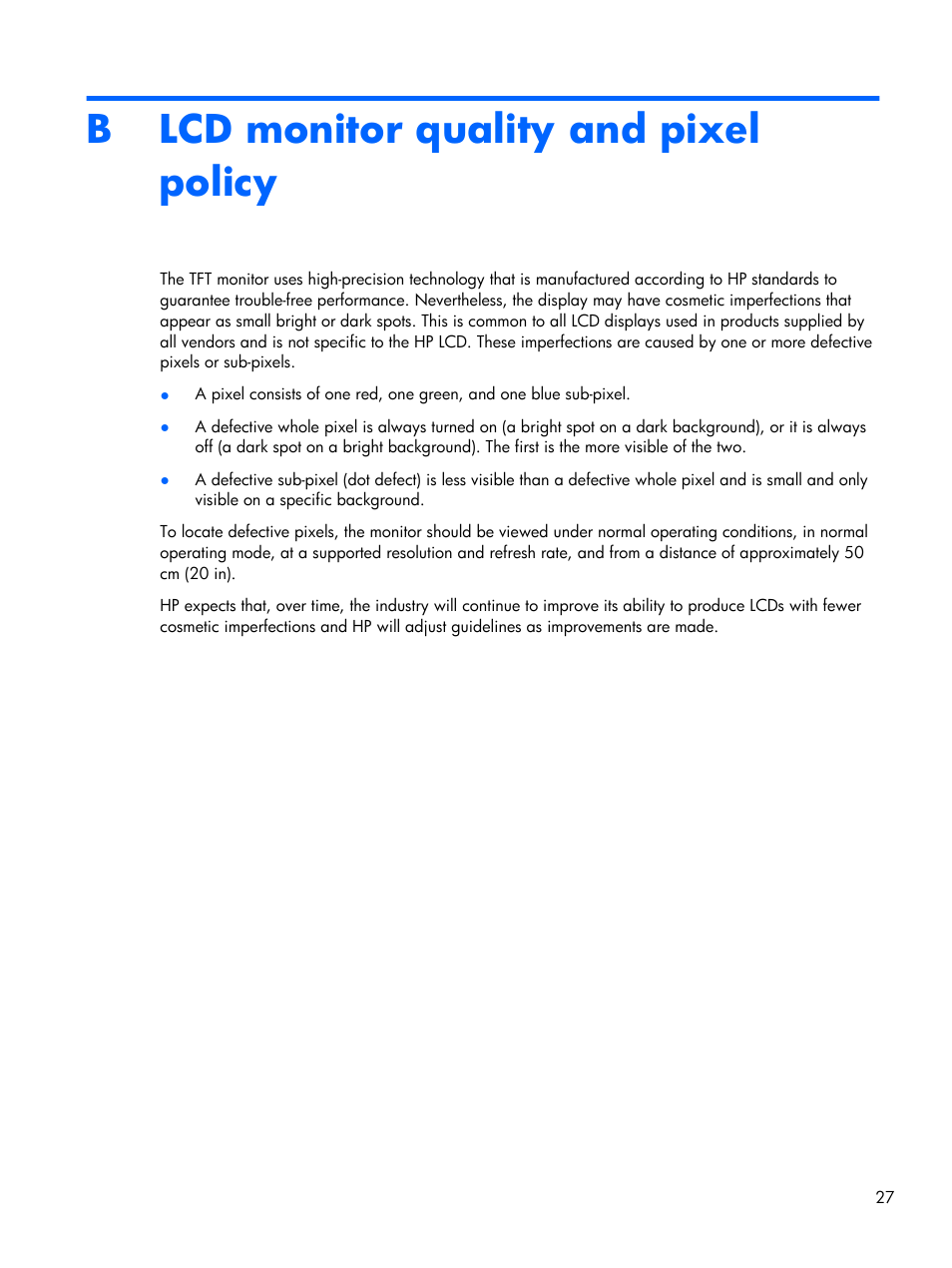 Lcd monitor quality and pixel policy, Appendix b lcd monitor quality and pixel policy, B lcd monitor quality and pixel policy | HP Compaq L2206tm 21.5-inch LED Backlit Touch Monitor User Manual | Page 33 / 33