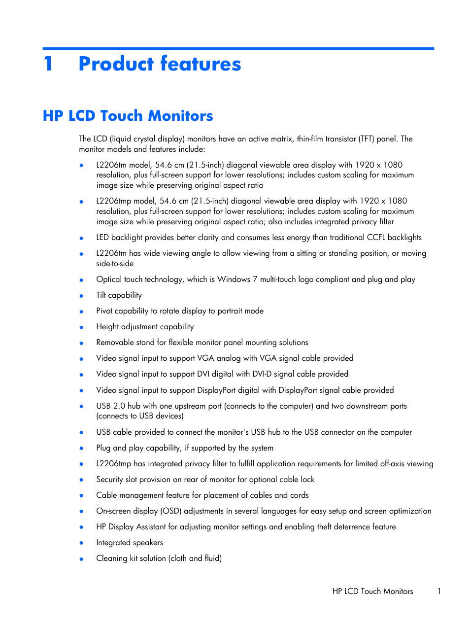 Product features, Hp lcd touch monitors, 1 product features | HP Compaq L2206tm 21.5-inch LED Backlit Touch Monitor User Manual | Page 7 / 33