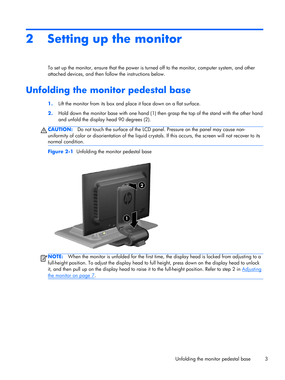 Setting up the monitor, Unfolding the monitor pedestal base, 2 setting up the monitor | HP Compaq L2206tm 21.5-inch LED Backlit Touch Monitor User Manual | Page 9 / 33