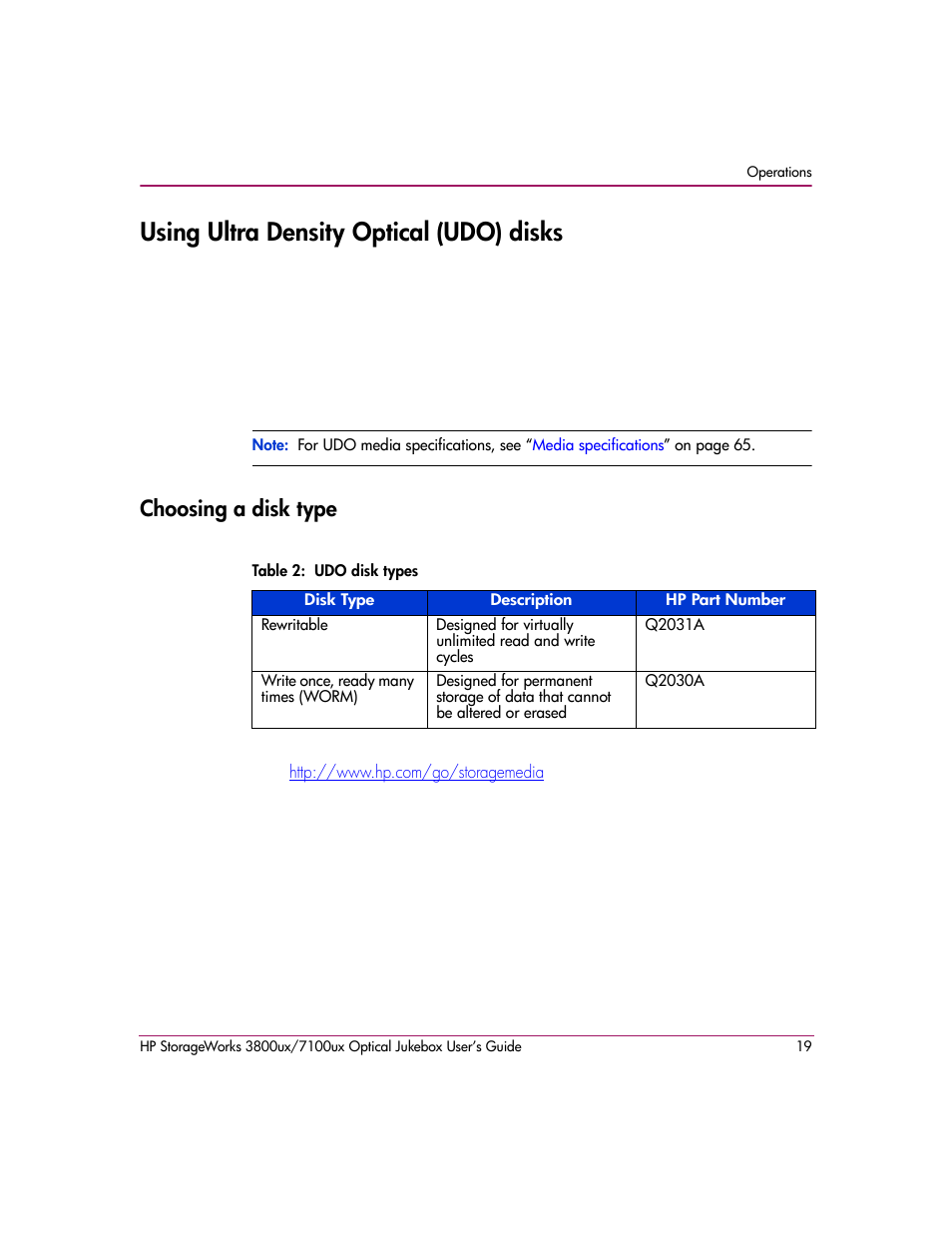 Using ultra density optical (udo) disks, Choosing a disk type, Table 2: udo disk types | HP StorageWorks Ultra Density Optical Storage User Manual | Page 19 / 82