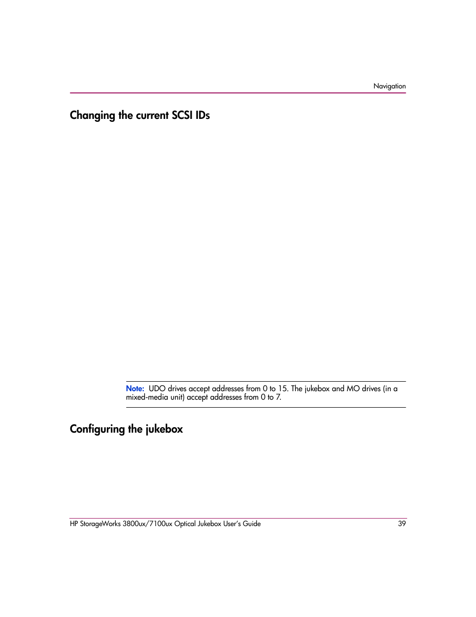 Changing the current scsi ids, Configuring the jukebox | HP StorageWorks Ultra Density Optical Storage User Manual | Page 39 / 82
