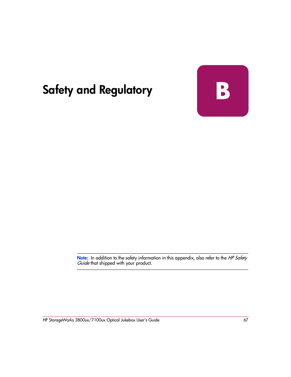 Safety and regulatory, B safety and regulatory | HP StorageWorks Ultra Density Optical Storage User Manual | Page 67 / 82