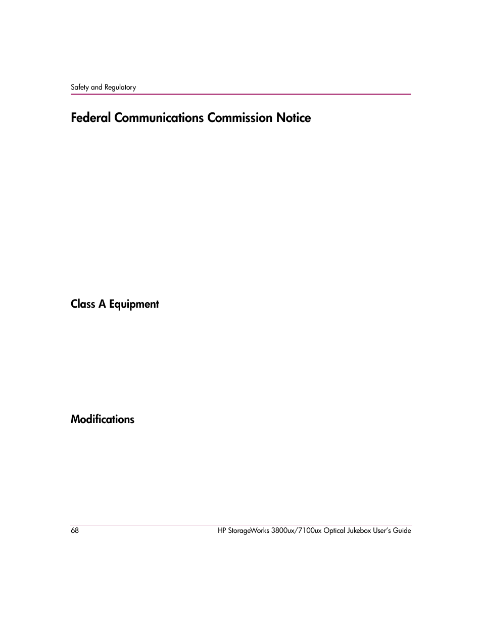 Federal communications commission notice, Class a equipment, Modifications | Class a equipment modifications | HP StorageWorks Ultra Density Optical Storage User Manual | Page 68 / 82