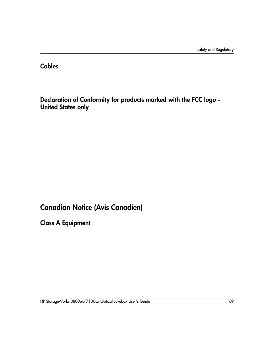 Cables, Canadian notice (avis canadien), Class a equipment | HP StorageWorks Ultra Density Optical Storage User Manual | Page 69 / 82