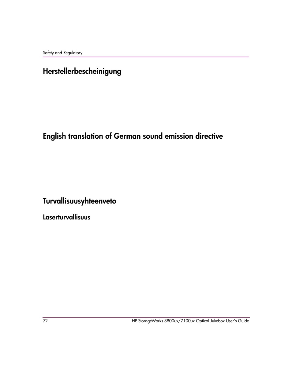 Herstellerbescheinigung, Turvallisuusyhteenveto, Laserturvallisuus | HP StorageWorks Ultra Density Optical Storage User Manual | Page 72 / 82