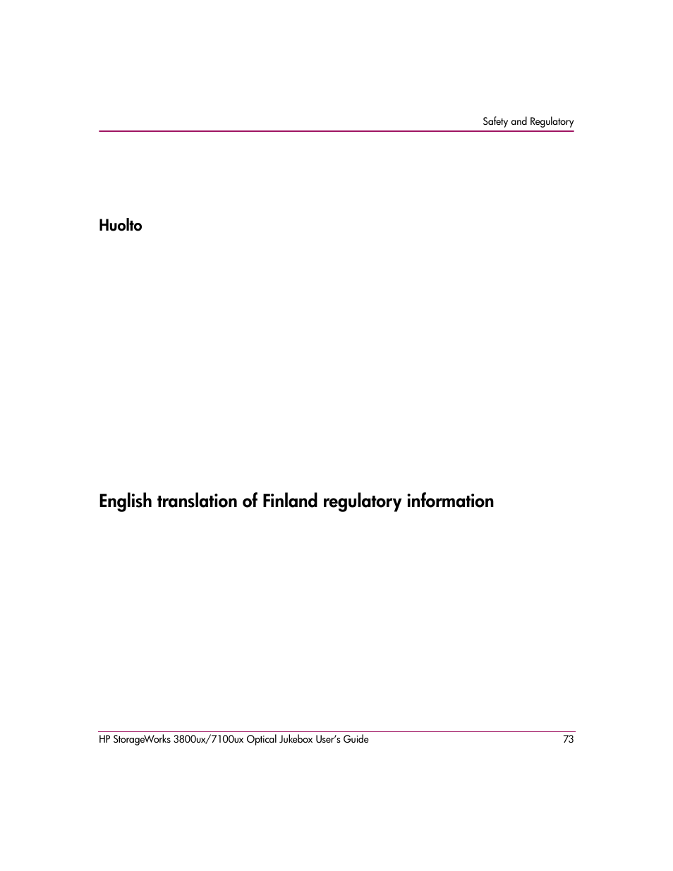 Huolto | HP StorageWorks Ultra Density Optical Storage User Manual | Page 73 / 82