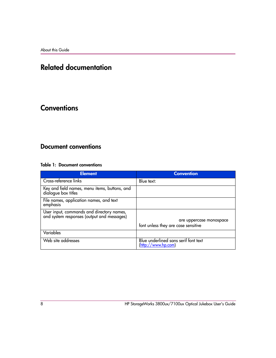 Related documentation, Conventions, Document conventions | Table 1: document conventions, Related documentation conventions | HP StorageWorks Ultra Density Optical Storage User Manual | Page 8 / 82