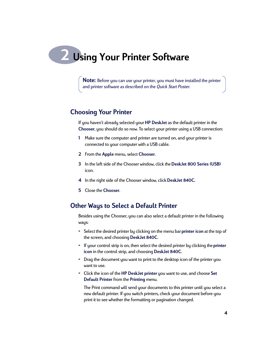 Using your printer software, Choosing your printer, Other ways to select a default printer | Chapter 2 using your printer software | HP Deskjet 842c Printer User Manual | Page 11 / 67