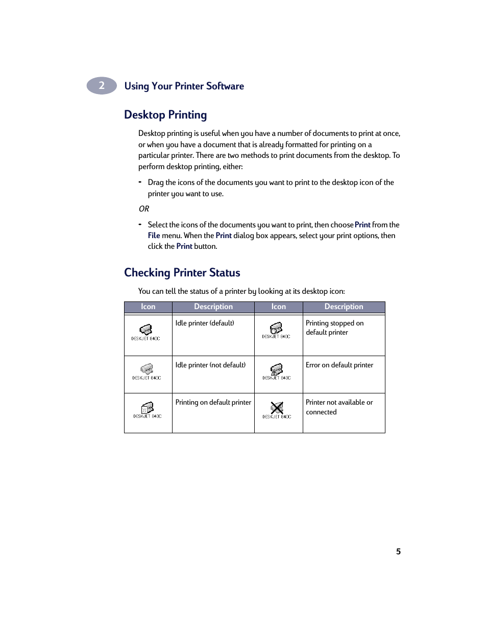 Desktop printing, Checking printer status, Desktop printing checking printer status | HP Deskjet 842c Printer User Manual | Page 12 / 67