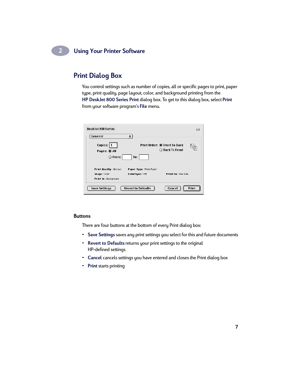 Print dialog box, Buttons | HP Deskjet 842c Printer User Manual | Page 14 / 67