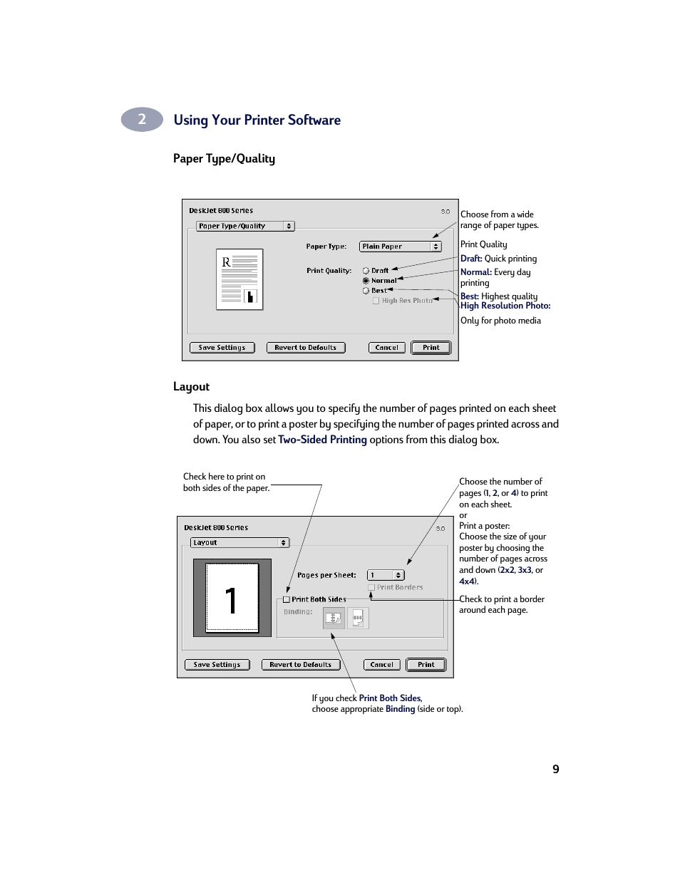 Paper type/quality, Layout, Using your printer software | HP Deskjet 842c Printer User Manual | Page 16 / 67