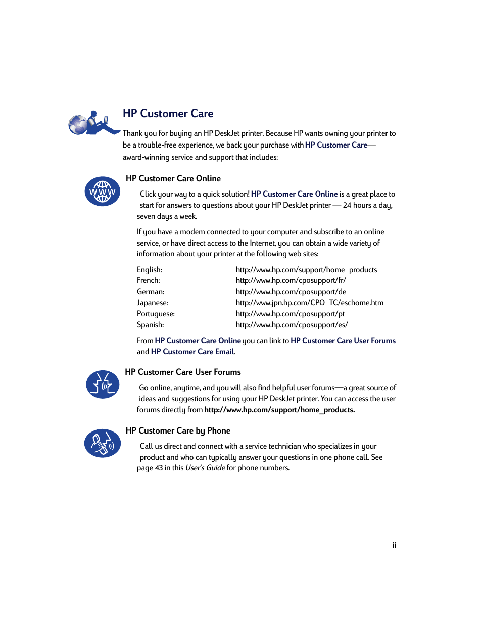 Hp customer care | HP Deskjet 842c Printer User Manual | Page 2 / 67