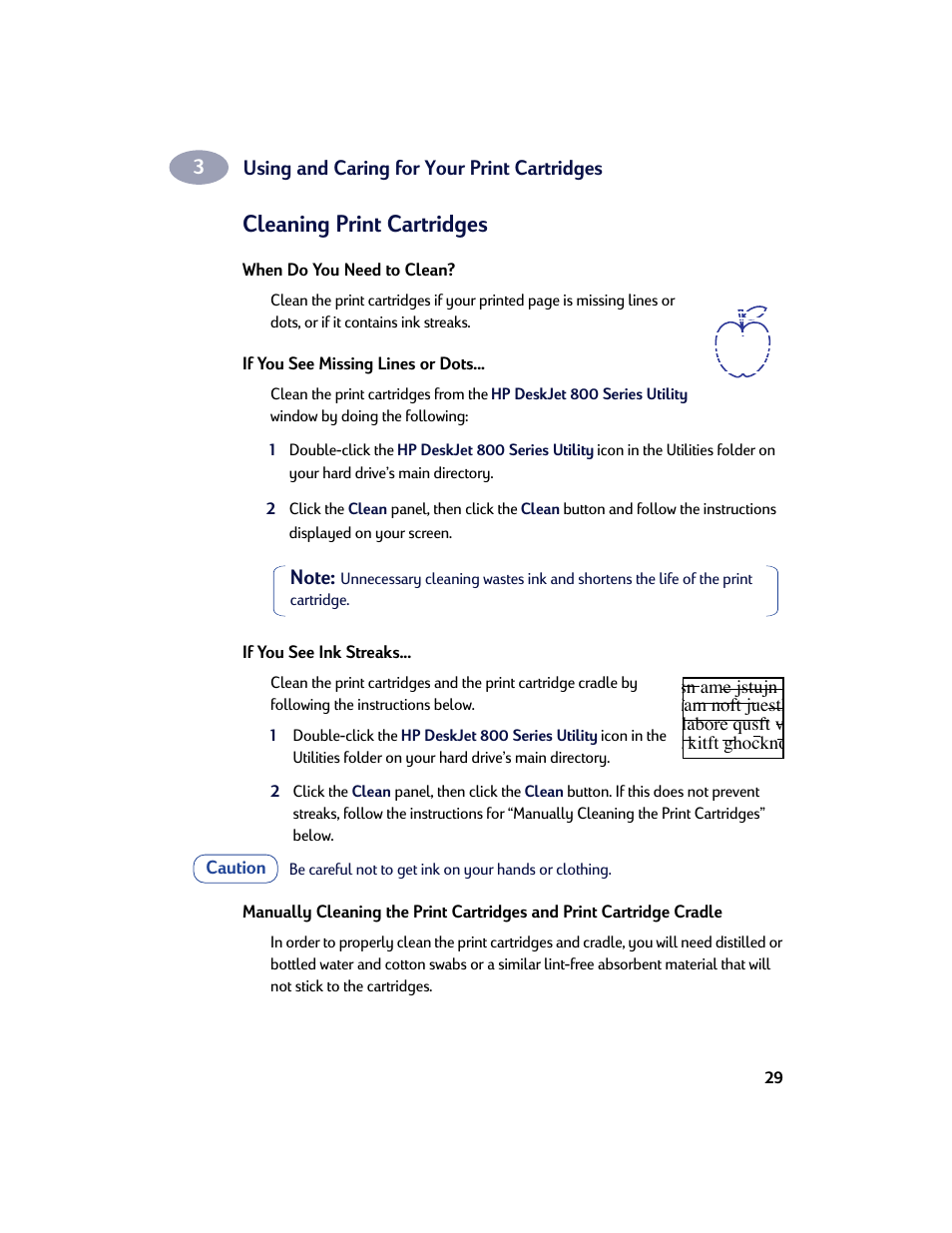 Cleaning print cartridges, When do you need to clean, If you see missing lines or dots | If you see ink streaks | HP Deskjet 842c Printer User Manual | Page 36 / 67