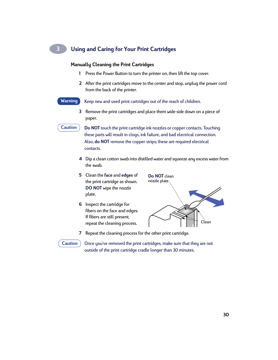 Manually cleaning the print cartridges, Using and caring for your print cartridges | HP Deskjet 842c Printer User Manual | Page 37 / 67