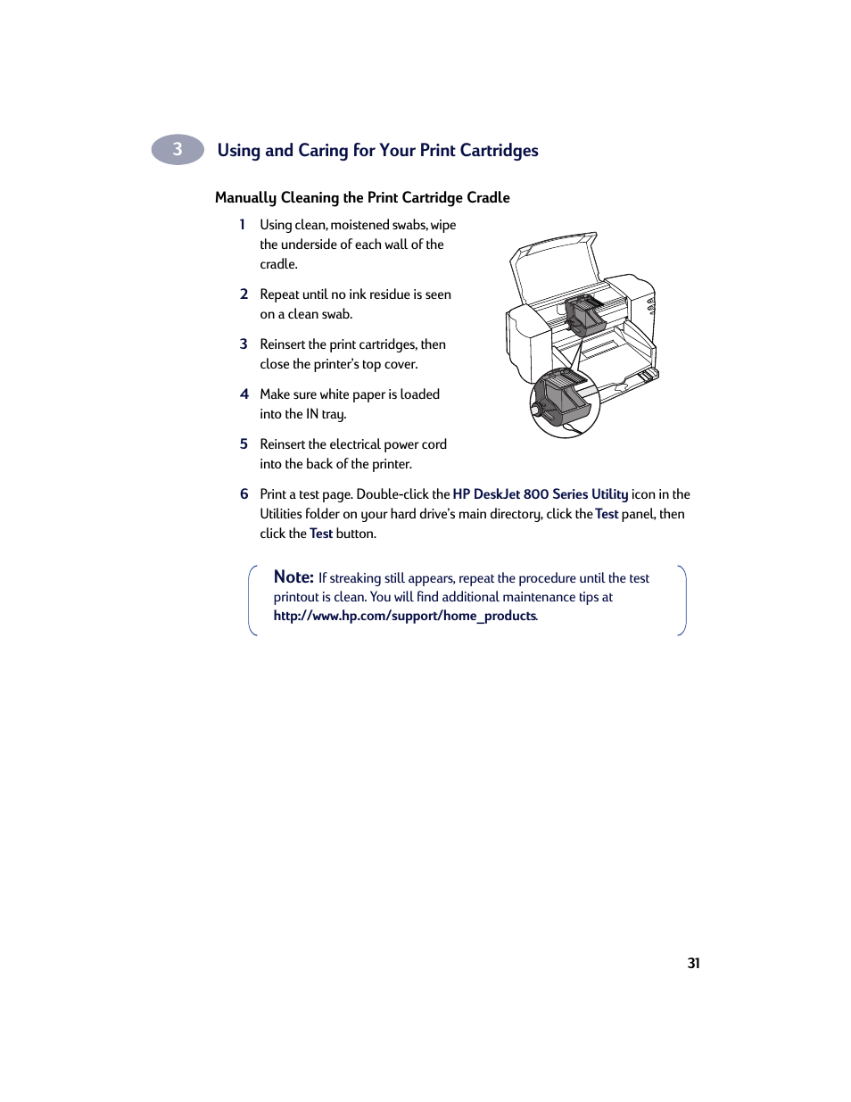 Manually cleaning the print cartridge cradle, Using and caring for your print cartridges | HP Deskjet 842c Printer User Manual | Page 38 / 67