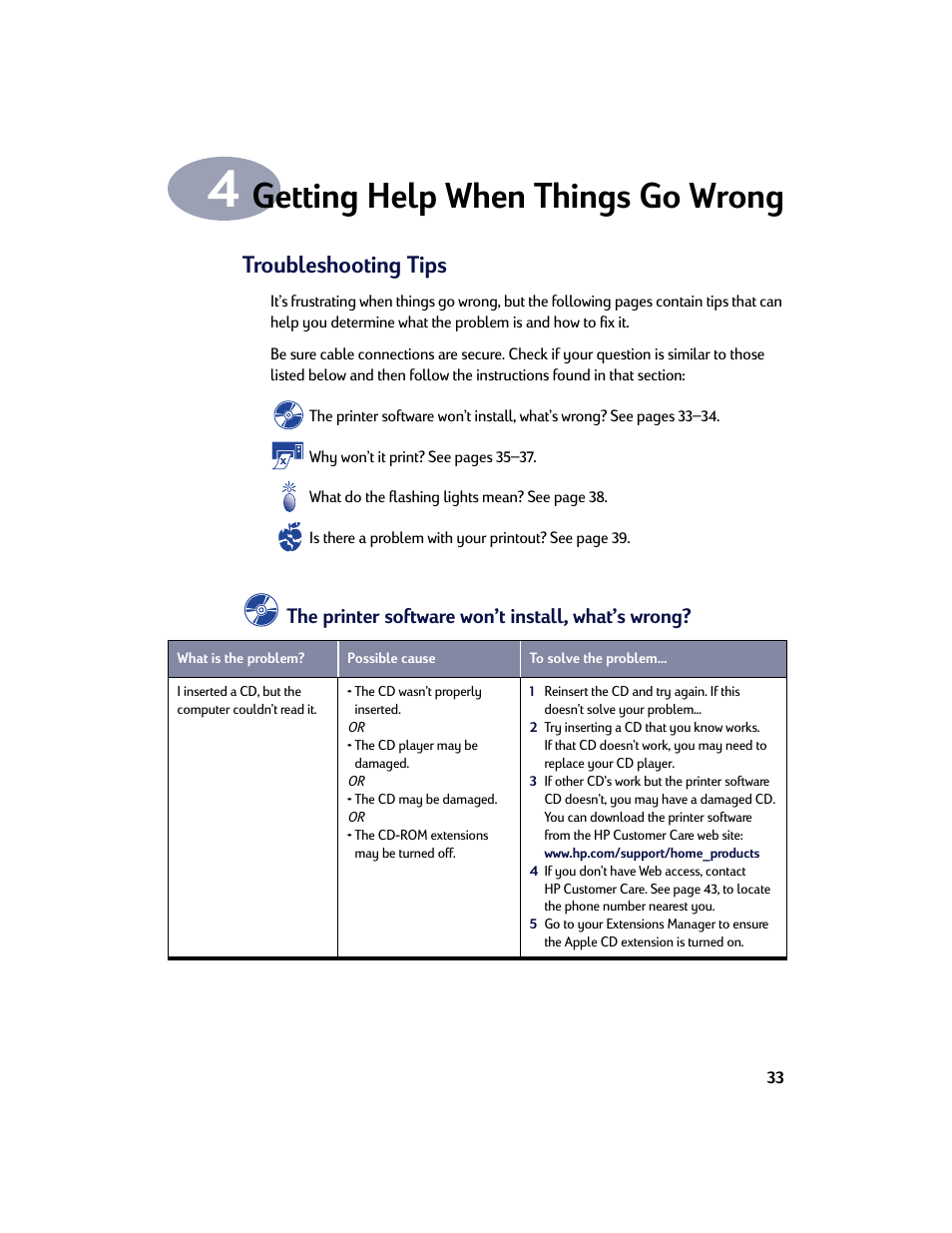 Getting help when things go wrong, Troubleshooting tips, Chapter 4 getting help when things go wrong | HP Deskjet 842c Printer User Manual | Page 40 / 67