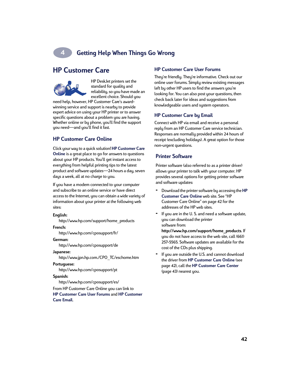 Hp customer care, Hp customer care online, Hp customer care audio tips (u.s. only) | Printer software, Getting help when things go wrong | HP Deskjet 842c Printer User Manual | Page 49 / 67