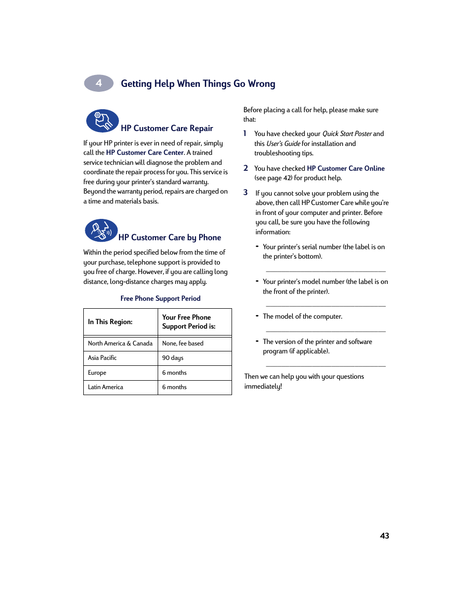 Hp customer care repair, Hp customer care by phone, Getting help when things go wrong | HP Deskjet 842c Printer User Manual | Page 50 / 67