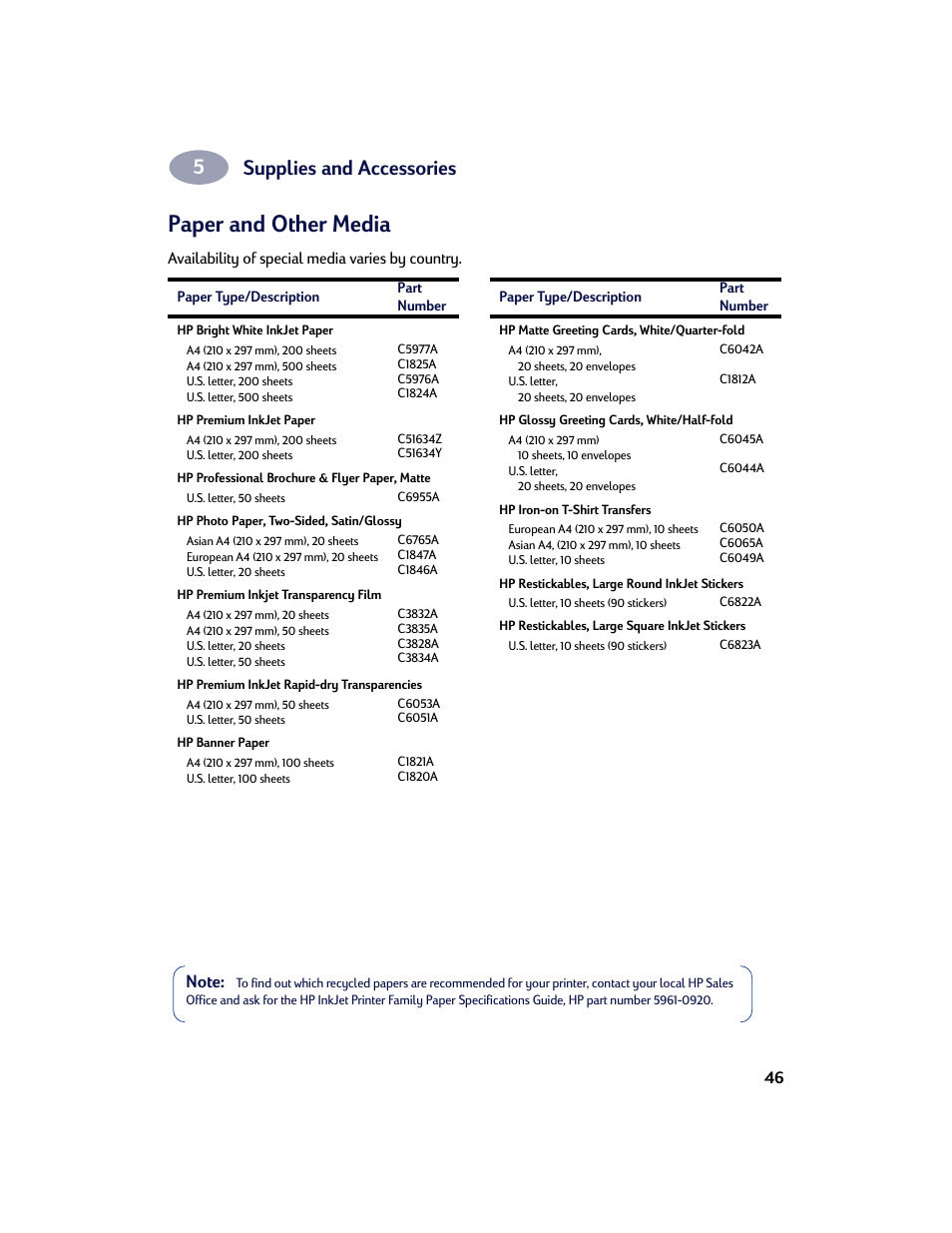 Paper and other media, Supplies and accessories | HP Deskjet 842c Printer User Manual | Page 53 / 67