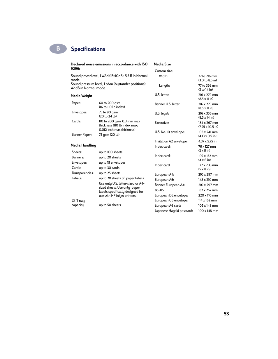 Specifications | HP Deskjet 842c Printer User Manual | Page 60 / 67