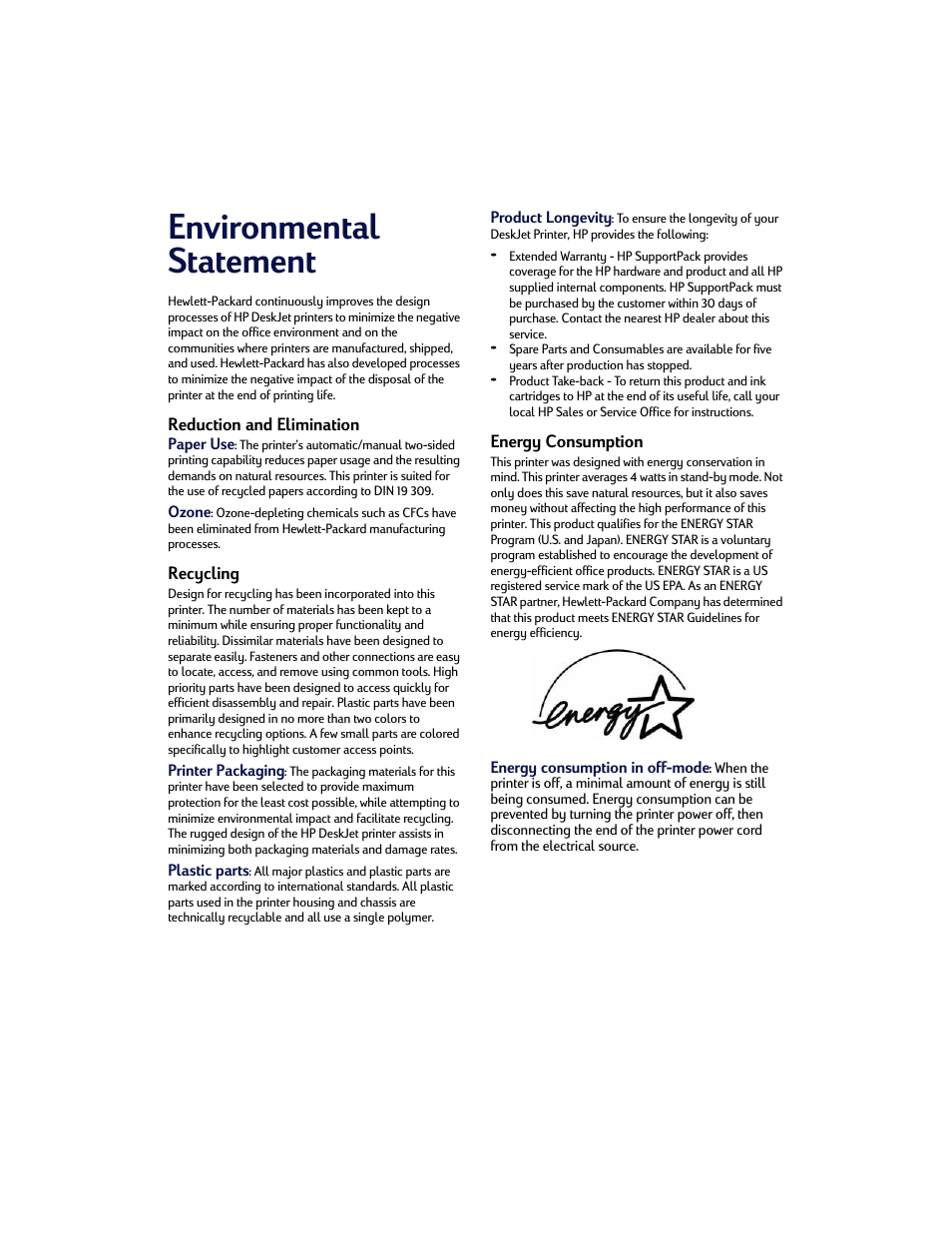 Environmental statement | HP Deskjet 842c Printer User Manual | Page 67 / 67