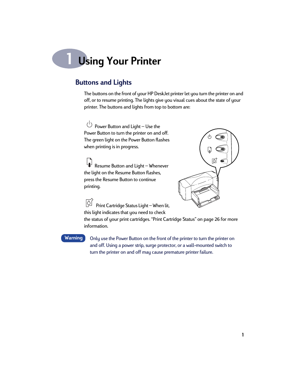 Using your printer, Buttons and lights, Chapter 1 using your printer | HP Deskjet 842c Printer User Manual | Page 8 / 67