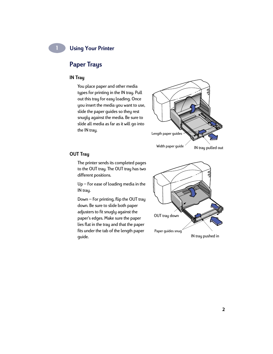 Paper trays, In tray, Out tray | Using your printer | HP Deskjet 842c Printer User Manual | Page 9 / 67