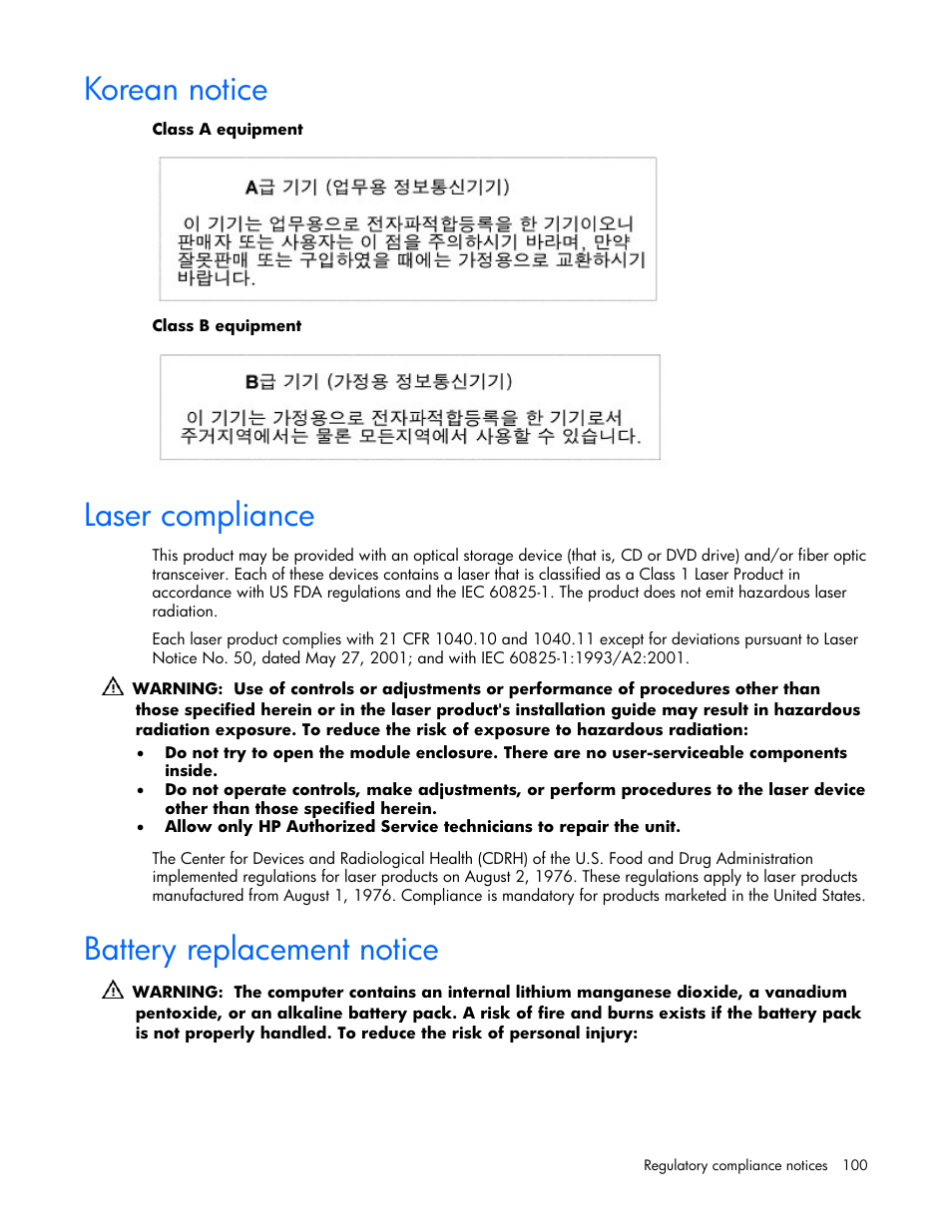 Korean notice, Laser compliance, Battery replacement notice | 100 laser compliance, 100 battery replacement notice | HP ProLiant DL360 G5 Server User Manual | Page 100 / 118