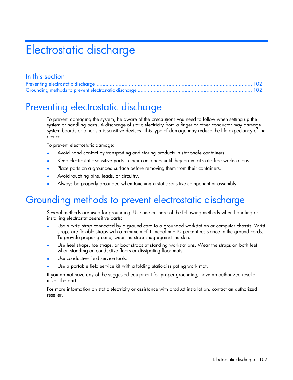 Electrostatic discharge, Preventing electrostatic discharge | HP ProLiant DL360 G5 Server User Manual | Page 102 / 118