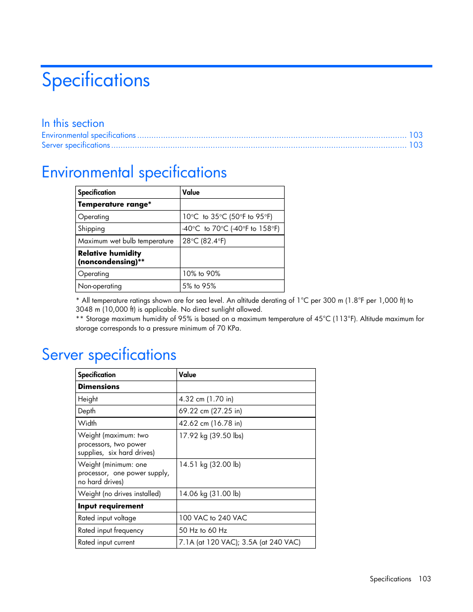 Specifications, Environmental specifications, Server specifications | HP ProLiant DL360 G5 Server User Manual | Page 103 / 118