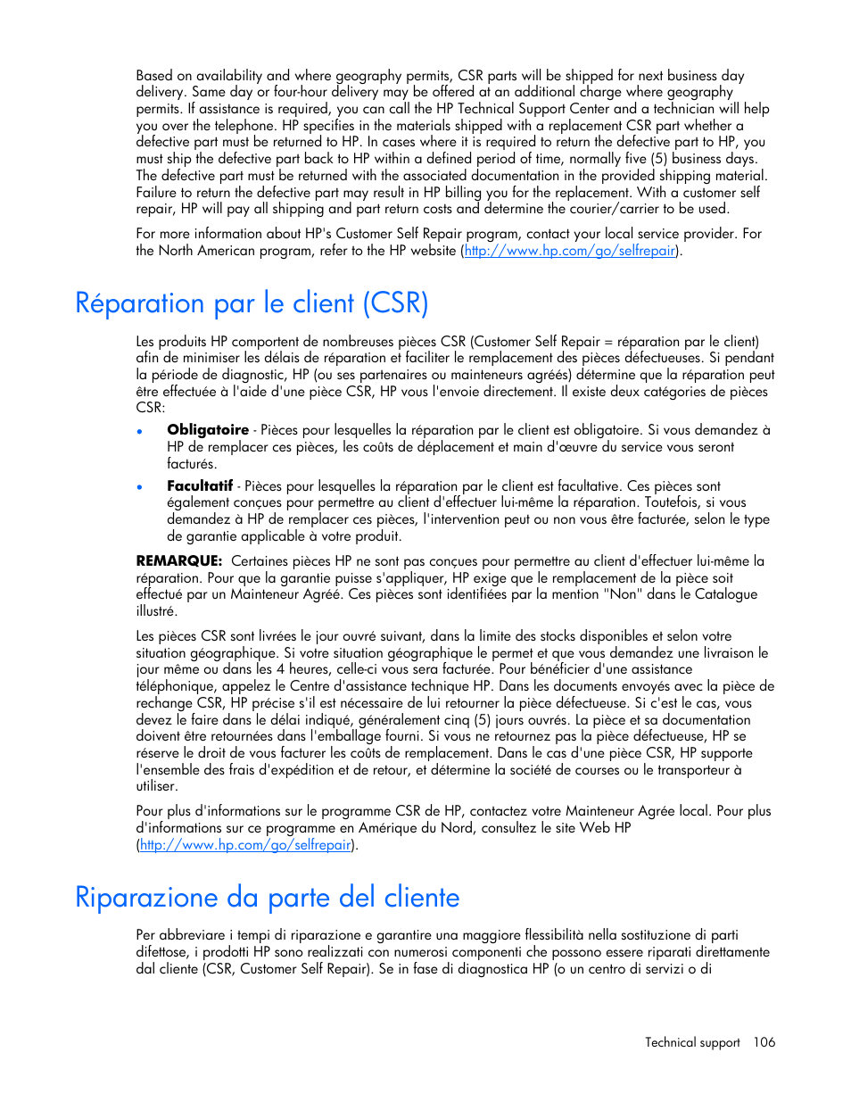 Réparation par le client (csr), Riparazione da parte del cliente | HP ProLiant DL360 G5 Server User Manual | Page 106 / 118