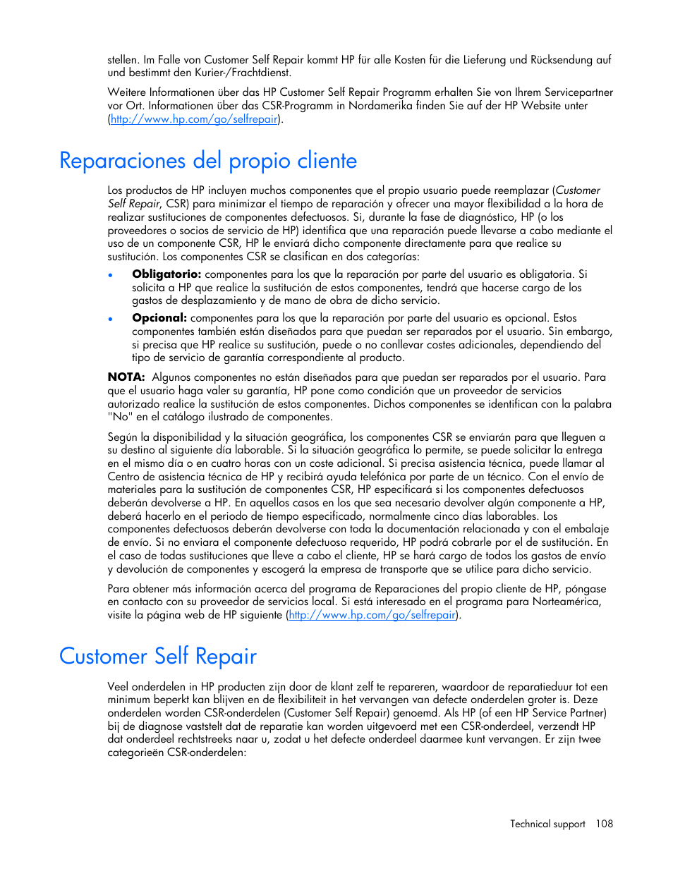 Reparaciones del propio cliente, Customer self repair | HP ProLiant DL360 G5 Server User Manual | Page 108 / 118