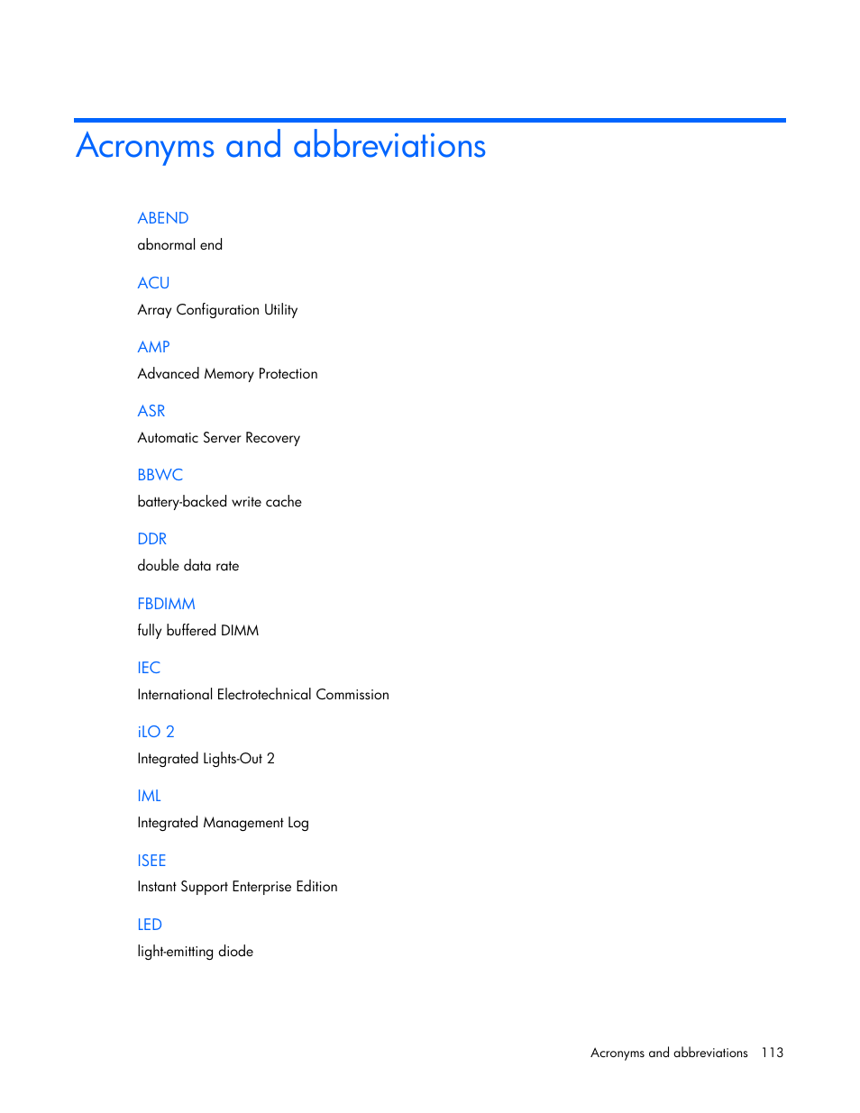 Acronyms and abbreviations | HP ProLiant DL360 G5 Server User Manual | Page 113 / 118