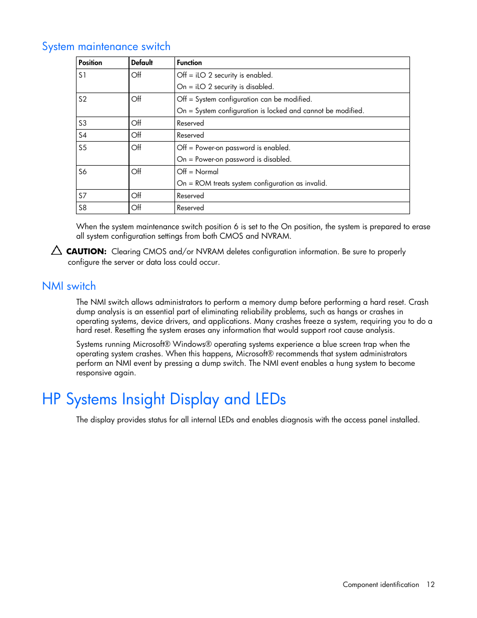 System maintenance switch, Nmi switch, Hp systems insight display and leds | On pa, Systems insight display and leds | HP ProLiant DL360 G5 Server User Manual | Page 12 / 118