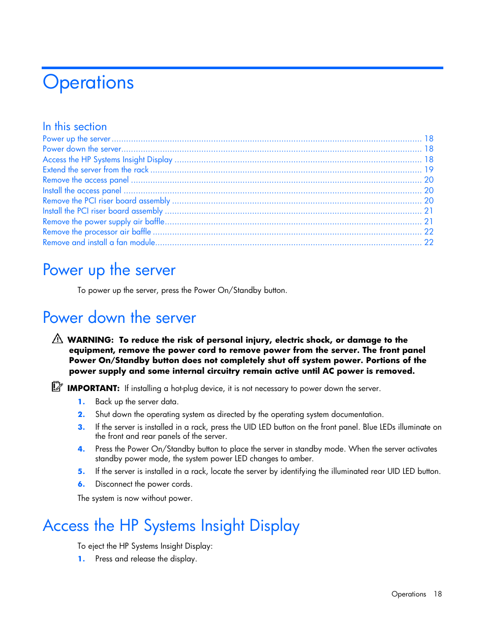 Operations, Power up the server, Power down the server | Access the hp systems insight display | HP ProLiant DL360 G5 Server User Manual | Page 18 / 118