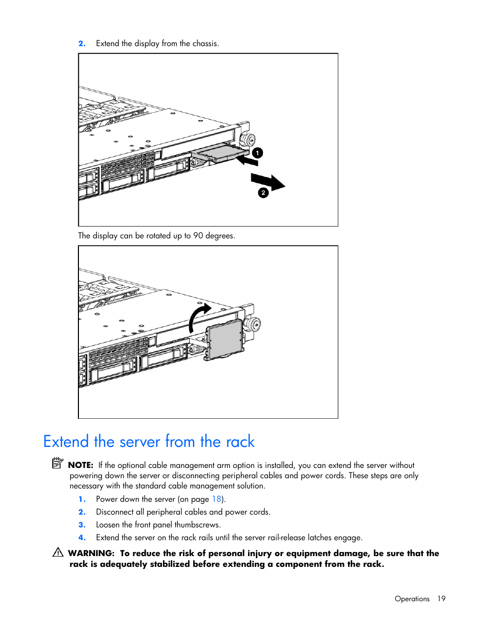 Extend the server from the rack | HP ProLiant DL360 G5 Server User Manual | Page 19 / 118