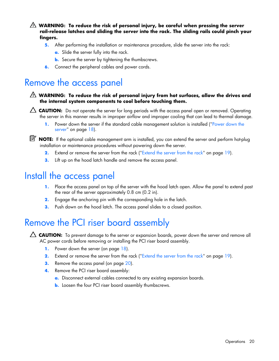 Remove the access panel, Install the access panel, Remove the pci riser board assembly | 20 install the access panel, 20 remove the pci riser board assembly | HP ProLiant DL360 G5 Server User Manual | Page 20 / 118