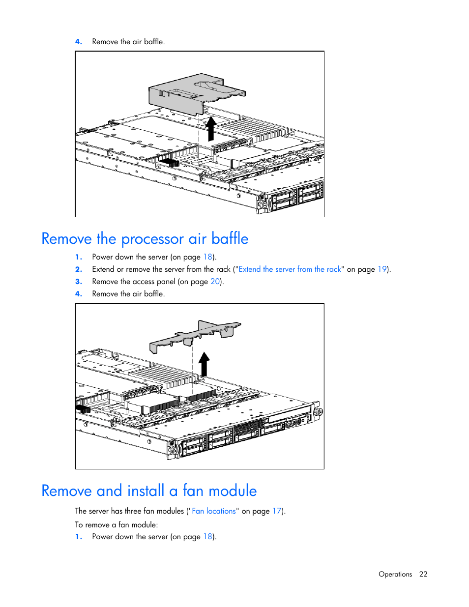 Remove the processor air baffle, Remove and install a fan module, 22 remove and install a fan module | HP ProLiant DL360 G5 Server User Manual | Page 22 / 118