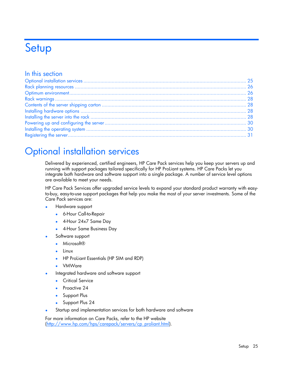 Setup, Optional installation services | HP ProLiant DL360 G5 Server User Manual | Page 25 / 118