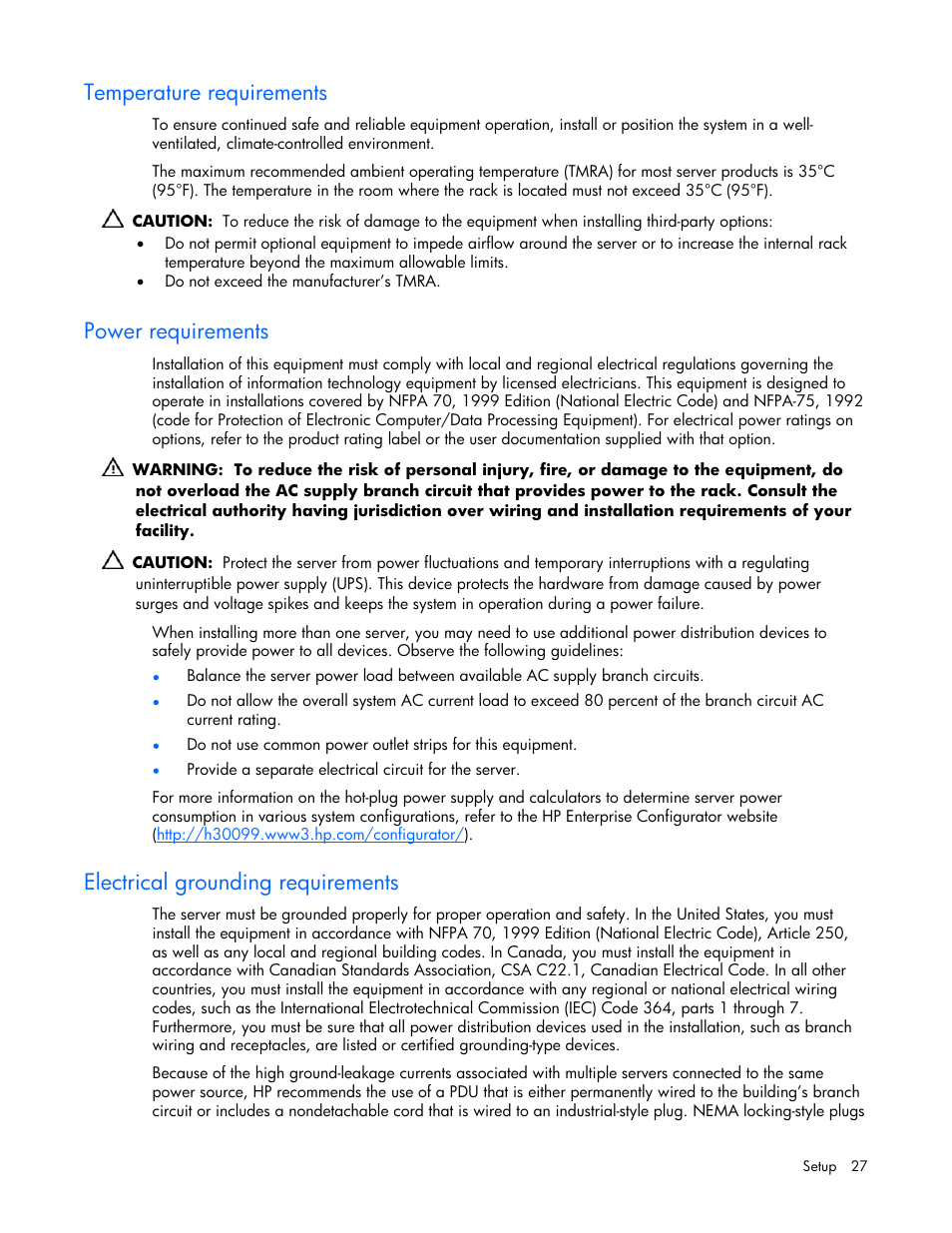 Temperature requirements, Power requirements, Electrical grounding requirements | HP ProLiant DL360 G5 Server User Manual | Page 27 / 118