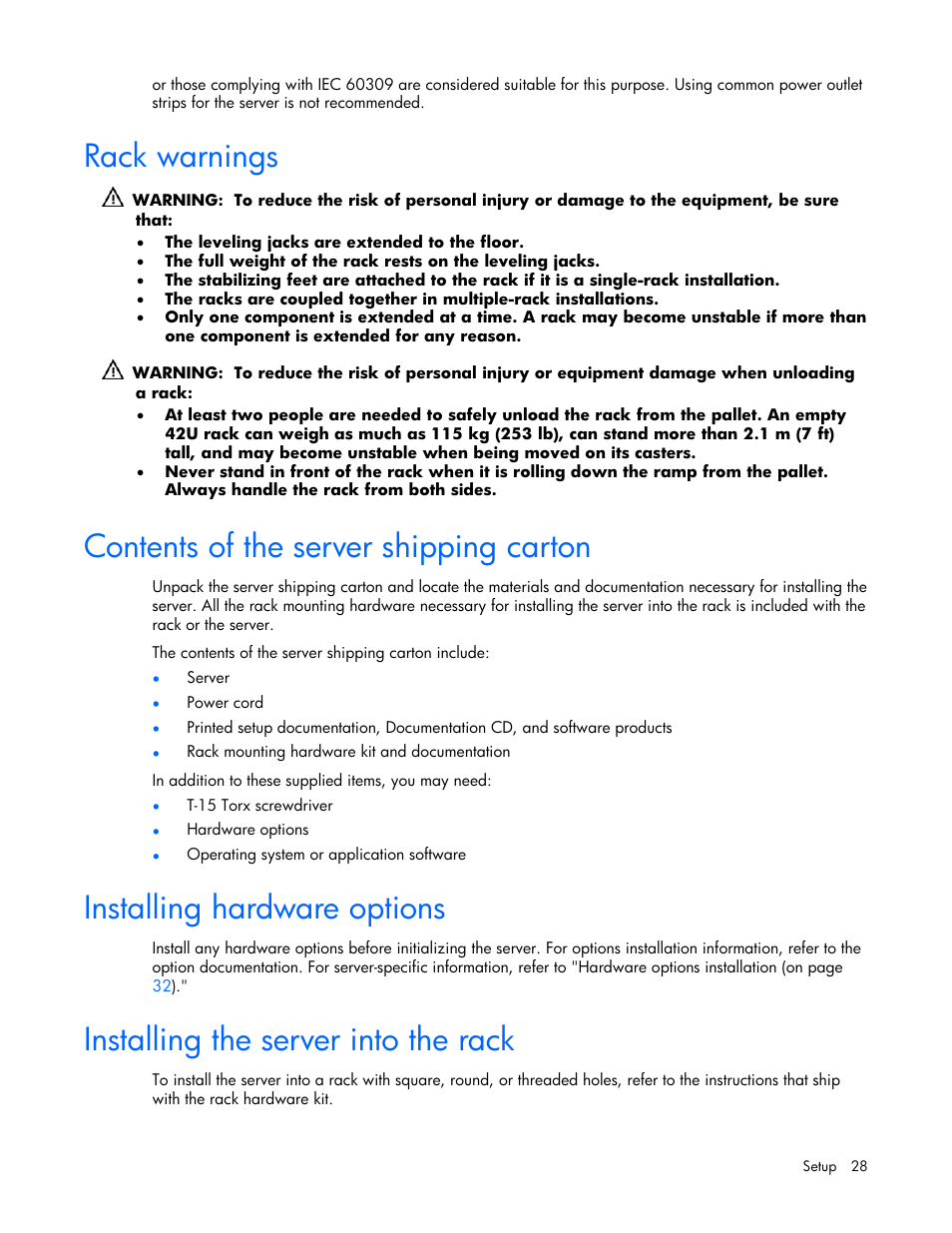 Rack warnings, Contents of the server shipping carton, Installing hardware options | Installing the server into the rack, 28 contents of the server shipping carton, 28 installing hardware options, 28 installing the server into the rack | HP ProLiant DL360 G5 Server User Manual | Page 28 / 118
