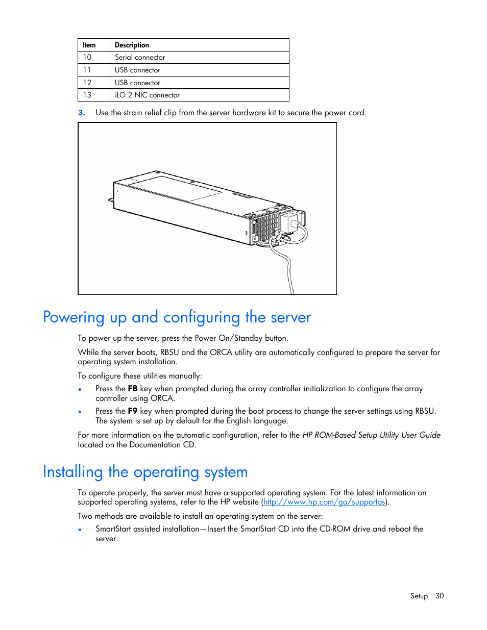 Powering up and configuring the server, Installing the operating system, 30 installing the operating system | HP ProLiant DL360 G5 Server User Manual | Page 30 / 118