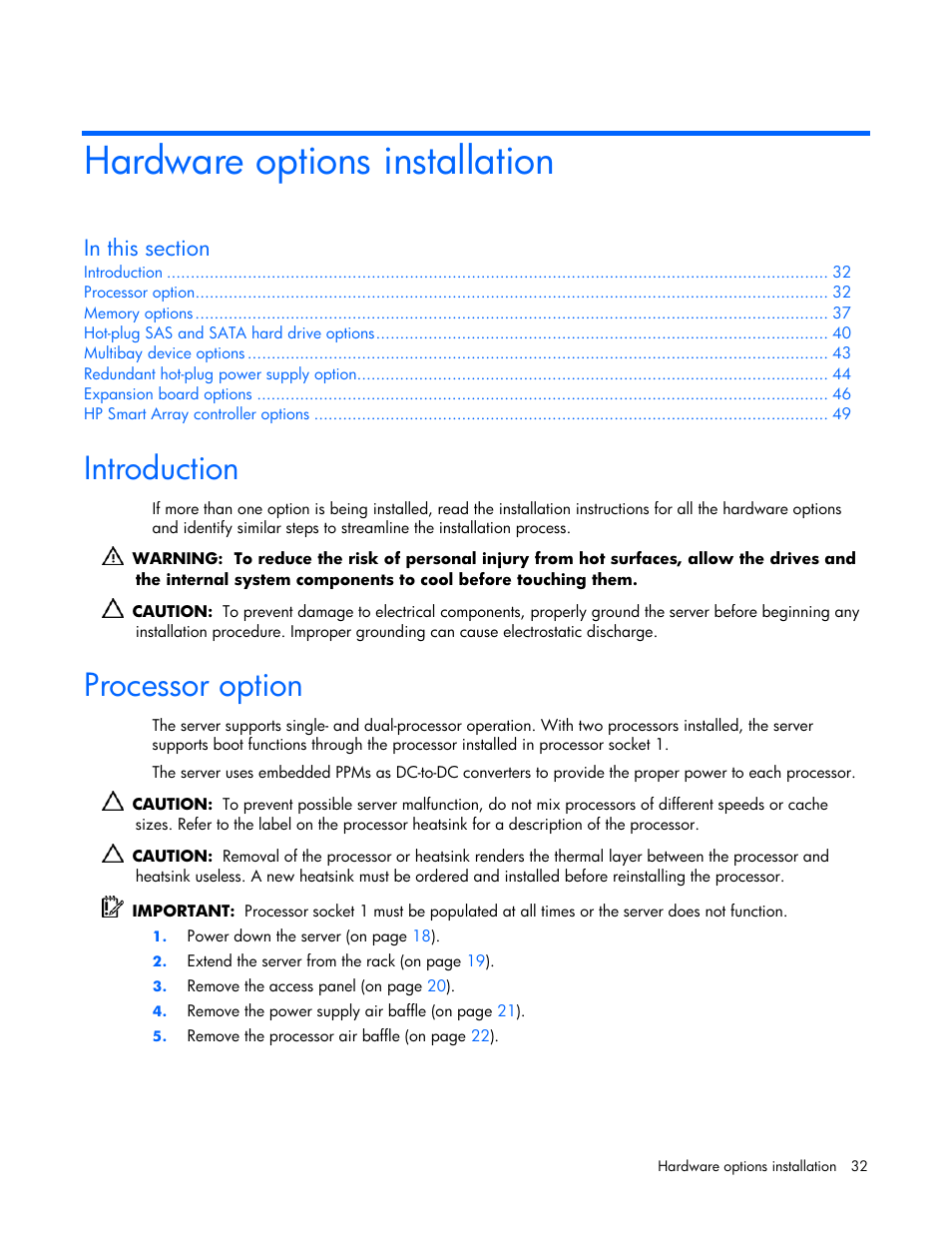 Hardware options installation, Introduction, Processor option | HP ProLiant DL360 G5 Server User Manual | Page 32 / 118
