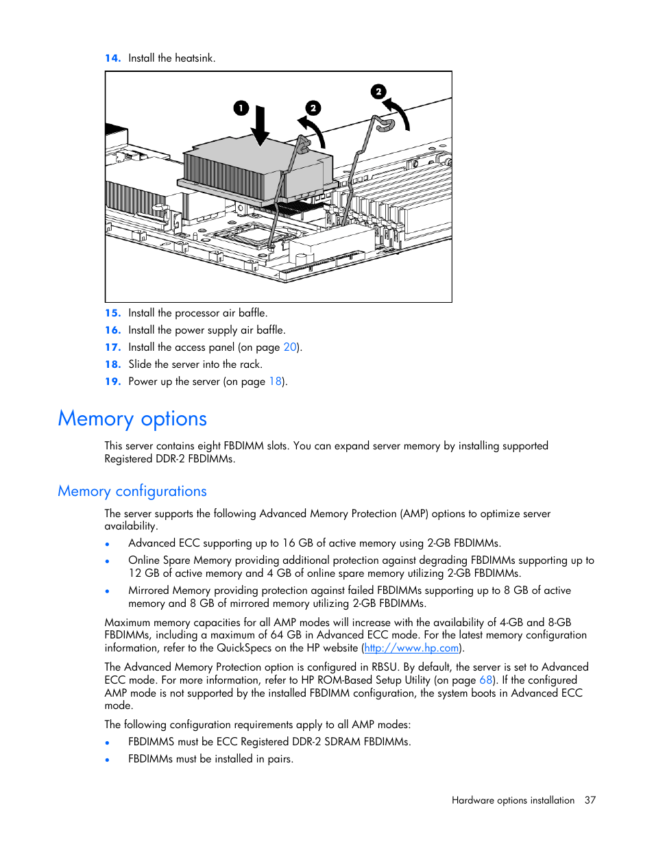 Memory options, Memory configurations | HP ProLiant DL360 G5 Server User Manual | Page 37 / 118